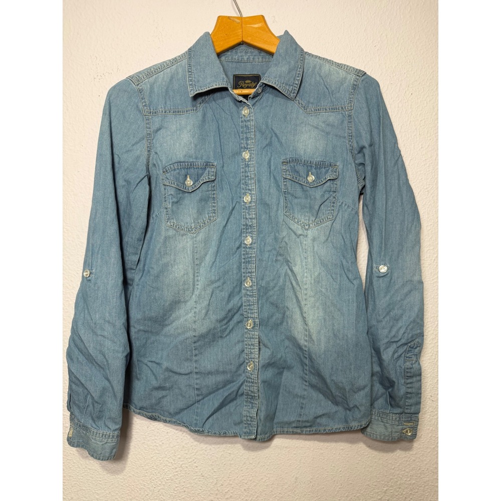 Royalty Denim Button Down Shirt Womens Small Light Wash Western Minimalist